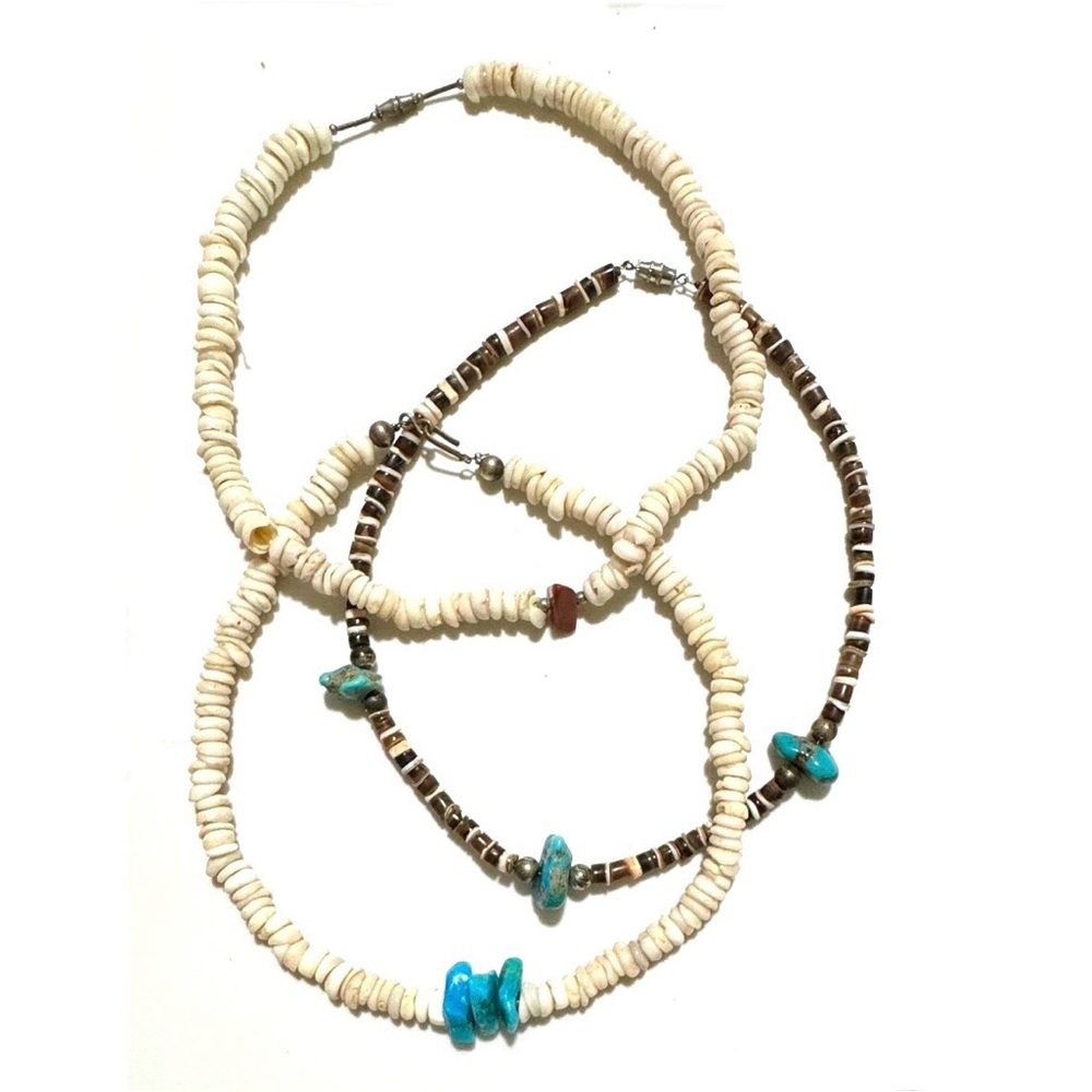 Set of 3 Vintage Navajo Shell Coral Turquoise Chokers